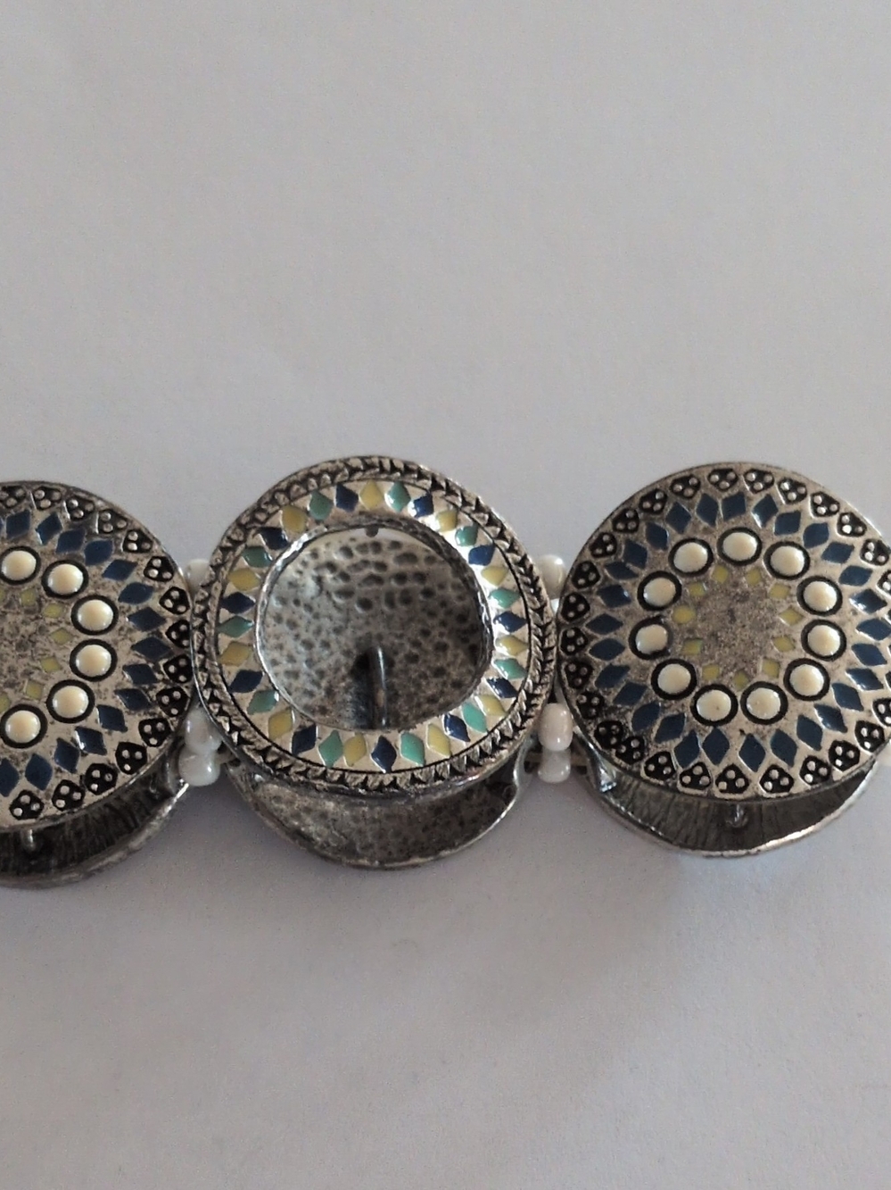 Silver-Tone Blue & Cream Floral Disc Bracelet - Women Jewelry
